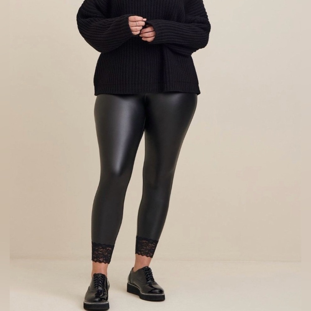 Torrid Size 4X Faux Leather Full Length Black Leggings with Lace Ankle Detail